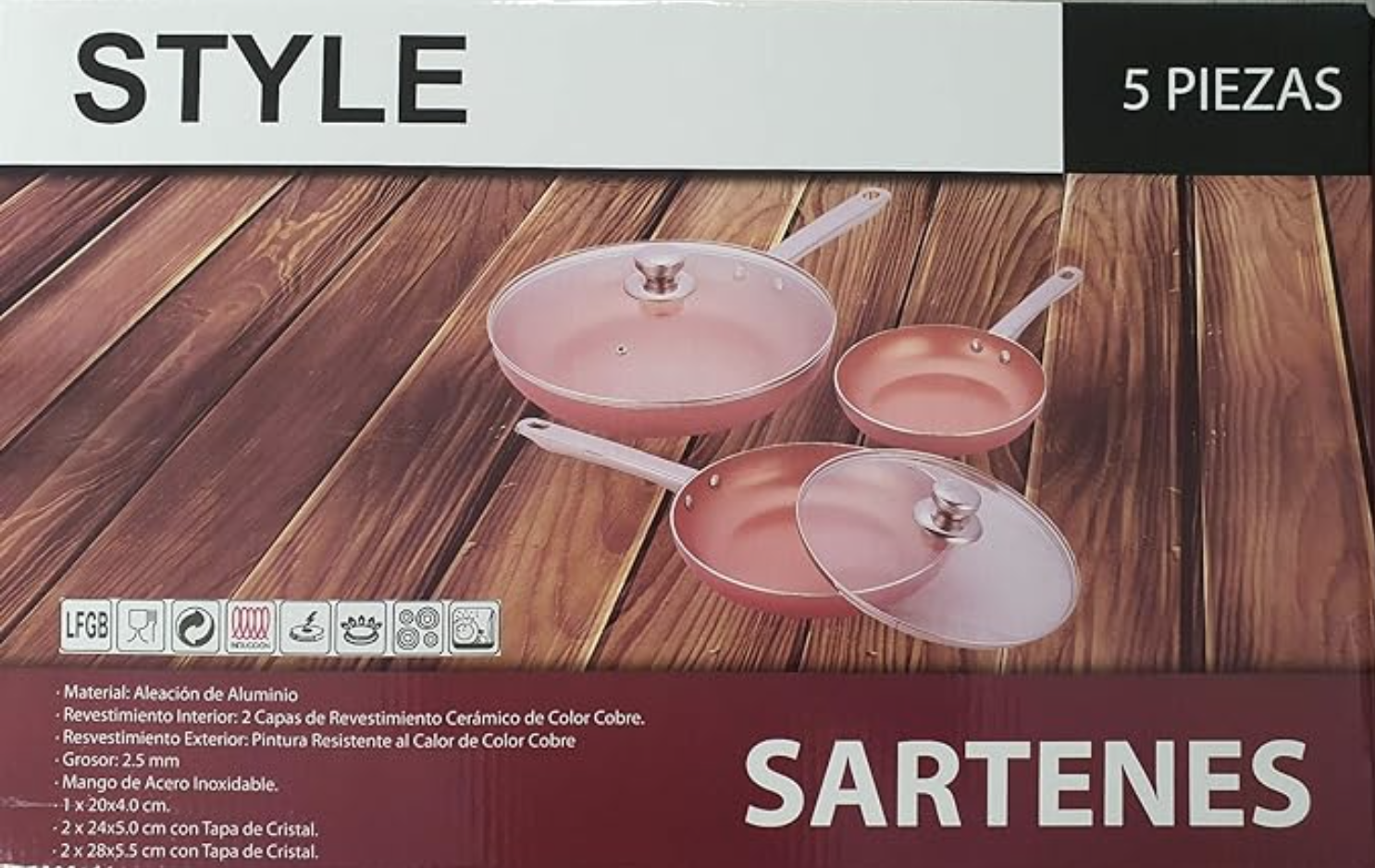 Juego de Sartenes Style 5 Piezas - 20cm/24cm/28cm, Revestimiento Cerámico de Cobre (Ref: 5057/100069) - Imagen 3