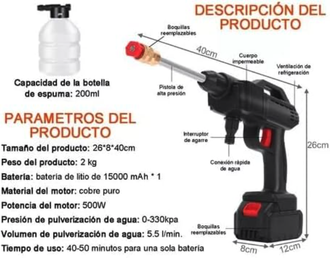 Pistola de Lavado de Alta Presión Inalámbrica - Hidrolavadora Portátil para Coches, Pisos y Jardines Ref: 5057/100051) - Imagen 6