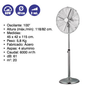 Ventilador de suelo  60 w  D40  cm  3 vel ( Ref: 841/MTO1454  )