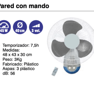 Ventilador  de pared con mando  45w  D40 cm 3 vel ( Ref: 841/MTO1479  )
