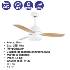 Ventilador de techo con luz motor AC  55w  D107  cm  3 vel ( Ref: 841/MTO1401  )