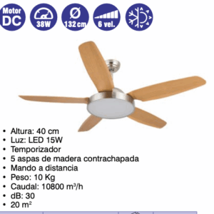 Ventilador de techo motor DC  38w  D132  cm  6 vel con luz( Ref: 841/MTO1402  )