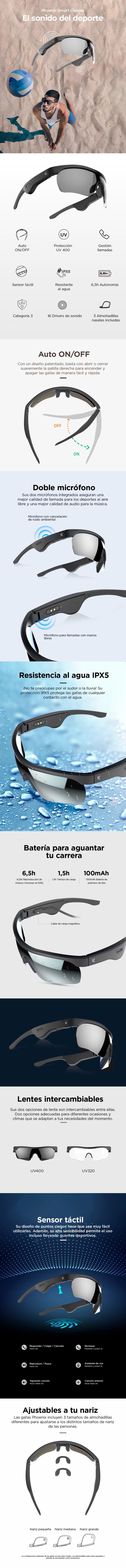 Gafas inteligentes, Música + Dual Mic para llamadas, Táctil, Auton 6,5h, Prot UV400, 2 lentes, impermeables IPX5 ( Ref: 5059/BXBGS01 ) - Imagen 12