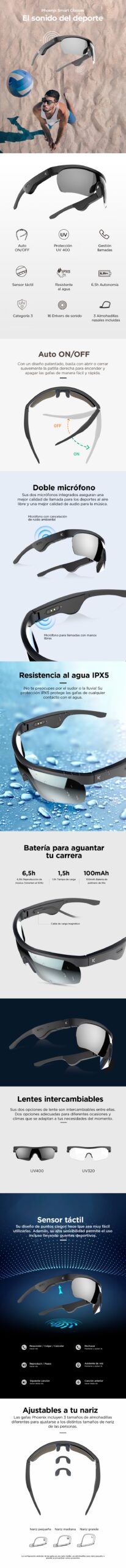 Gafas inteligentes, Música + Dual Mic para llamadas, Táctil, Auton 6,5h, Prot UV400, 2 lentes, impermeables IPX5 ( Ref: 5059/BXBGS01 ) - Imagen 12